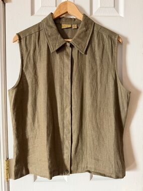 Caslon 100% Linen Sleeveless Button Front Top Olive Green XL Made in USA